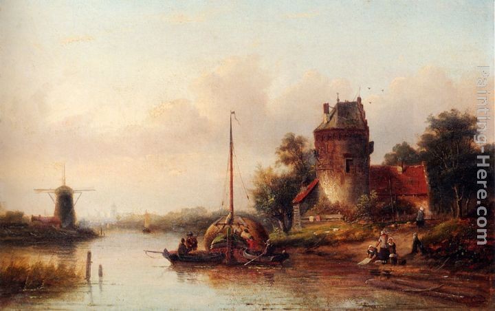 Jan Jacob Coenraad Spohler A River Landscape In Summer With A Moored Haybarge By A Fortified Farmhouse
